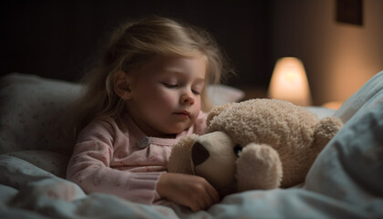 Cute Caucasian girl playing with teddy bear in comfortable bedroom generated by AI