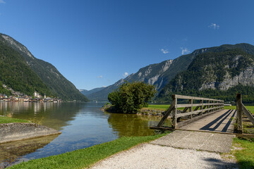 Hallstatt old town and Hallstatter See lake in Upper Austria
