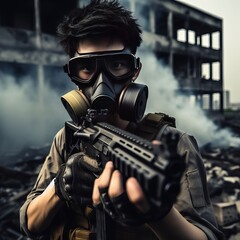 A soldier wearing a gas mask and holding a gun stands in front of a destroyed city.