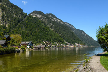 Hallstatt old town and Hallstatter See lake in Upper Austria