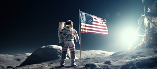 Astronaut holding america flag moon space background. AI generated - obrazy, fototapety, plakaty