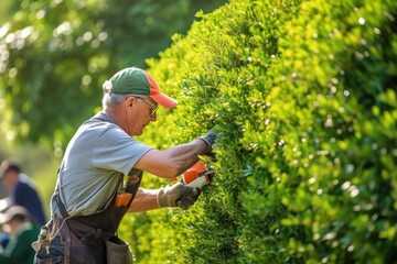 Old male gardener brings order to garden by pulling weeds spoiling picture of flowerbeds and prevent trees from growing. Old pensioner gardener in hat works in garden under sun pulling weeds