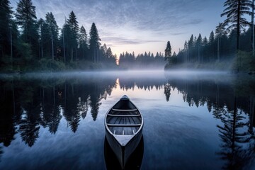 Misty Dawn: Canoe on a Tranquil Forest Lake
