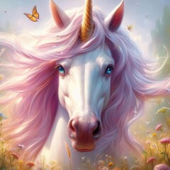 Obraz na płótnie Canvas An ethereal unicorn with a flowing pink mane and a golden horn is set against a backdrop of wildflowers and soft, dreamlike light...