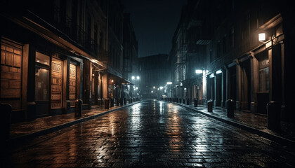 Naklejka na ściany i meble City life illuminated by street lights, vanishing point in background generated by AI