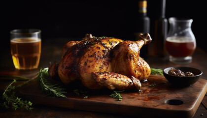 Organic roast chicken with grilled vegetables, wine and refreshment generated by AI