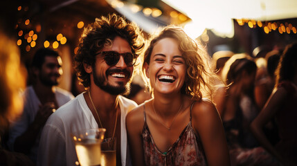 Fröhliches junges Paar beim Lachen und Feiern auf einem Festival bei Abenddämmerung, Generative AI