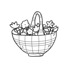 Wicker basket with bouquet of flowers in doodle and linear drawing style. Vector illustration