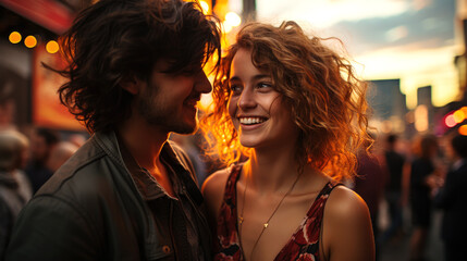Junges glückliches Paar lächelt sich auf belebter Straße bei Sonnenuntergang zu, Generative AI