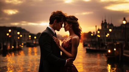 Romantisches Paar umarmt sich an einer malerischen Kanalpromenade bei Sonnenuntergang, Generative AI