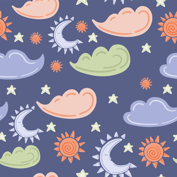 Clouds hand drawn seamless pattern with moon and stars