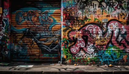 Graffiti painting on dirty wall depicts youth culture and creativity generated by AI