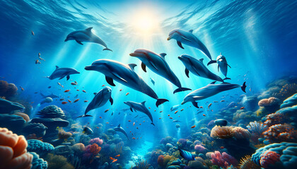 Fototapeta na wymiar Dolphins' Dance in the Deep
