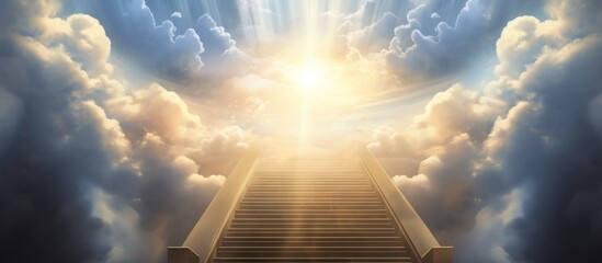 Panoramic Stairway and heavenly light through the white clouds background. AI generated image - obrazy, fototapety, plakaty