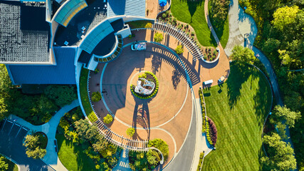 Minnetrista Museum and Gardens on bright, sunny summer day straight down aerial above sculpture