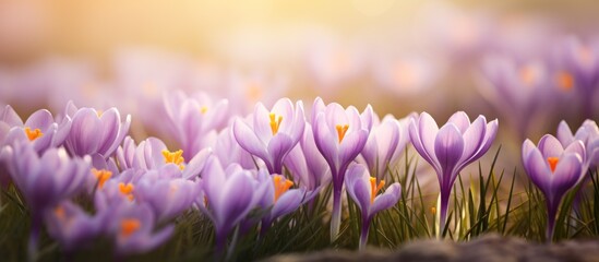 Beautiful purple crocus blossoms flowers in the sunlight background. AI generated
