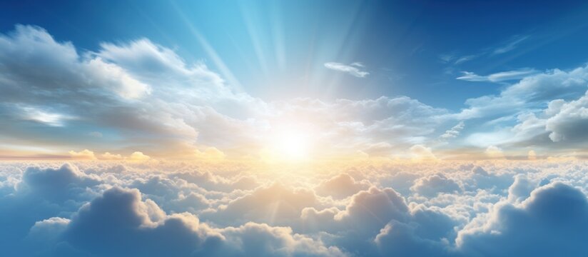 Beautiful sunlight with sun emerges through the white clouds. AI generated image