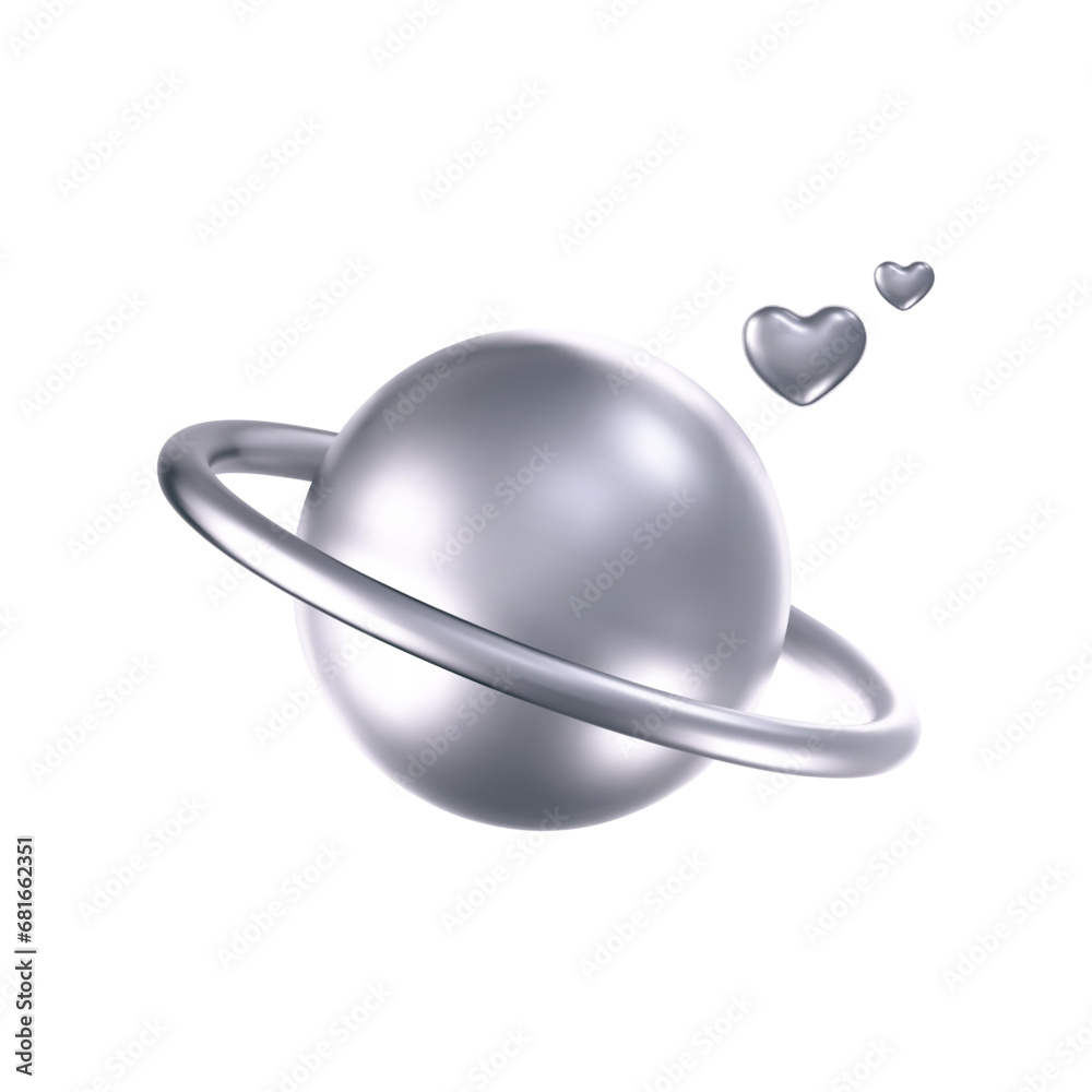 Wall mural 3d chrome galaxy planet icon with hearts in y2k style isolated on white background. render of 3d sil