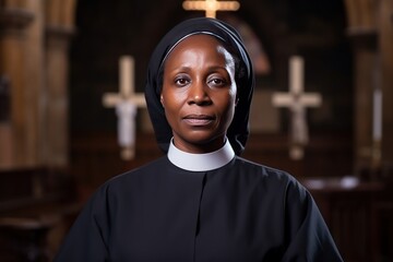 Mature Catholic nun - African American woman in apostolic standing and looking at camera. Catholic nun preparing to serve God in church. - obrazy, fototapety, plakaty
