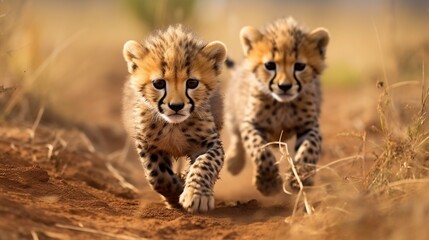 A pair of cheetah cubs playfully chasing each other on the African savannah.