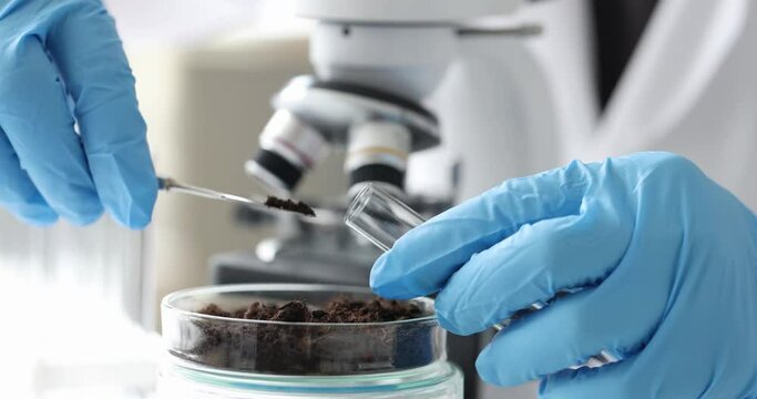 Scientist in gloves puts soil samples in test tube for research. Soil analysis concept