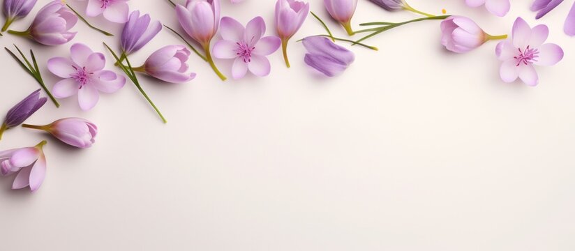 Beautiful purple crocus blossoms. Blooming flowers in the sunlight background. AI generated image