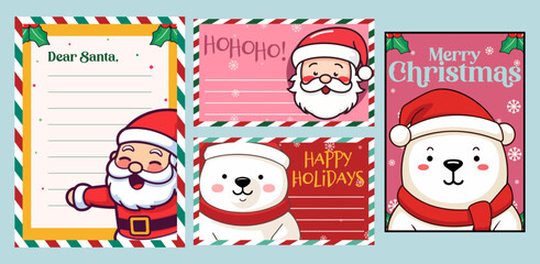 Christmas Letter to Santa Claus and Card on Decorated Paper: Set Collection Template with Christmas Character Illustration Vector
