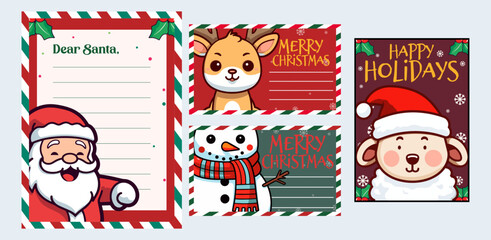 Decorated Paper Set Collection Template: Christmas Letter to Santa Claus and Card with Christmas Character Illustration Vector
