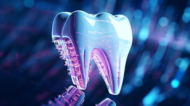 Juicy picture of white tooth isolated on cyberpunk color background