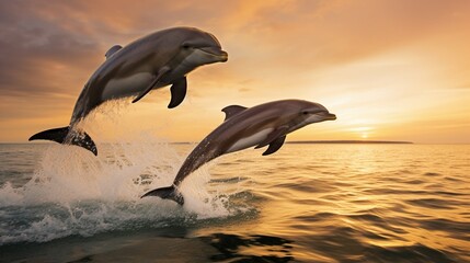 Fototapeta premium A pair of dolphins jumping in unison, creating ripples in the ocean.
