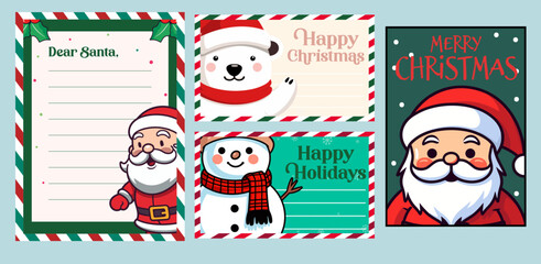 Christmas Character Illustration Vector: Set Collection Template for Card and Santa Claus Letter on Decorated Paper
