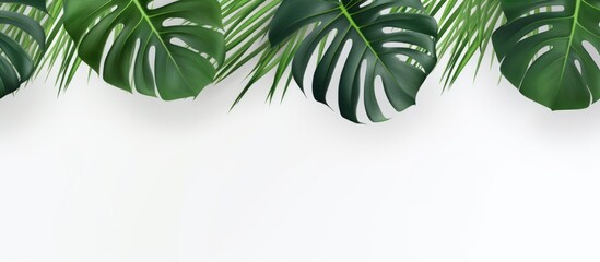 Monstera and Palm leaves copy space white background. AI generated