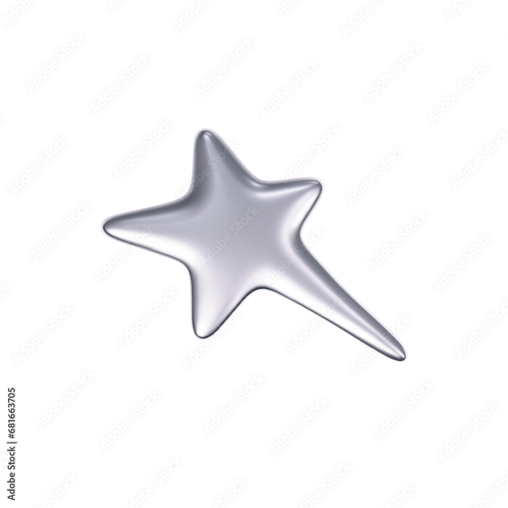 Wall mural 3d chrome falling or flying star in y2k futuristic style isolated on white background. render 3d sil
