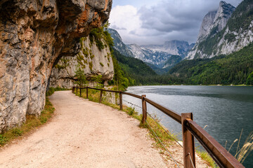 Hinterer Gosausee, beautiful lake in the middle of the nature, surrounded by mountains from Dachstein massif, Austrian Alps, Europe