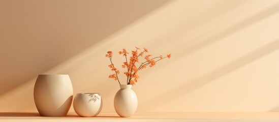Rendering advertising podium with vase flower on pastel beige background. AI generated