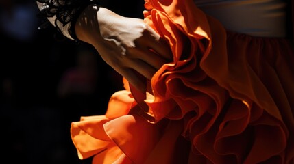 A flamenco dancer clapping her hands at the Sitges Carnival, her dress a cascade of bright ruffles