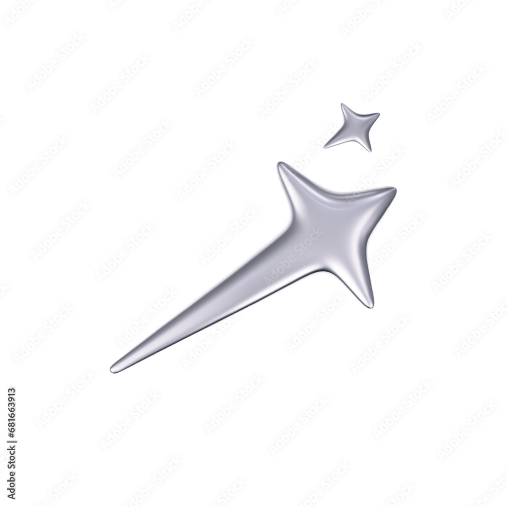 Canvas Prints 3d chrome falling or flying star in y2k futuristic style isolated on white background. render 3d sil