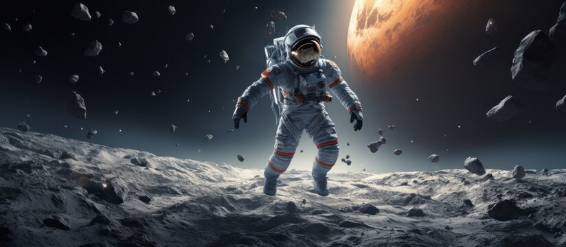 3D rendering of Astronaut at the Earth orbit in outer space background. AI generated