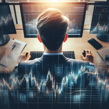 The businessman are looking through the screen shows a graph of the stock market's ups and downs