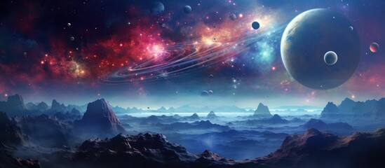 Fototapeta na wymiar Amazing panorama of Space scene with planets, stars and galaxies background. AI generated
