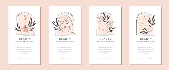 Beauty salon. Hairdressing services, manicure and pedicure, eyelash extensions, makeup. Vector illustrations