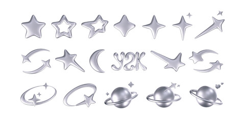 3d chrome stars and planets set in y2k, futuristic style on dark background. Render 3d cyber chrome galaxy emoji with falling star, planet, bling, spark, moon, hearts. 3d vector y2k illustration
