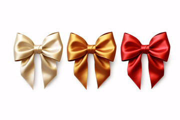 Foil bow decorations of metallic red, white, gold and silver with a long shadow are isolated on a white surface - suitable for a festive occasion.