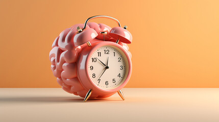 brain shaped pink color alarm clock on a table, copy space - obrazy, fototapety, plakaty