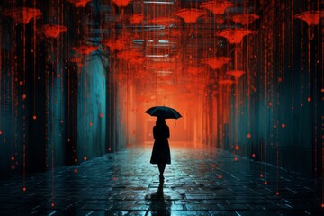 Woman Walking Through a Vibrant Tunnel of Red Lights