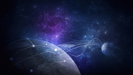 Futuristic background of abstract lines bridging the gap and connect two planets