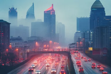 Crédence en verre imprimé Pékin vibrant transformative effect of fog on city, embodying urban skyline, blurred outlines, and captivating contrast between modern human environment and natural elements
