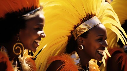 A troupe of calypso musicians in bright, feathered costumes at a Caribbean Carnival - obrazy, fototapety, plakaty