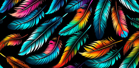 Abstract feathers pattern in vivid vibrant colors on black background.