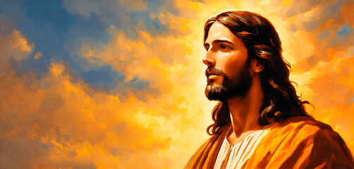 Jesus in front of sky during sunset in oil painting style. Christian artwork in banner format.